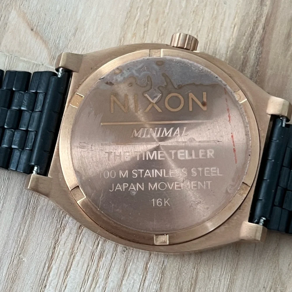 Nixon Minimal Time Traveler Black and Rose Gold Watch Adjustable Black Bracelet